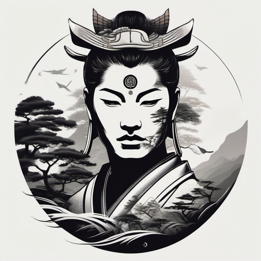 Samurai tattoo merging with nature, finding inner peace.  color tattoo,minimalist,white background