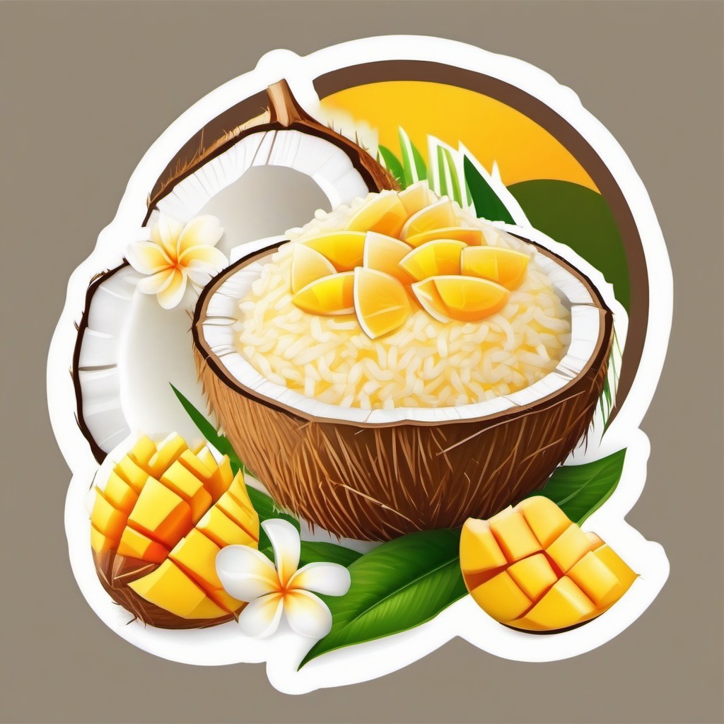 Coconut Mango Sticky Rice sticker- Sweet sticky rice topped with ripe mango slices and drizzled with coconut milk. A popular and delightful Thai dessert., , color sticker vector art