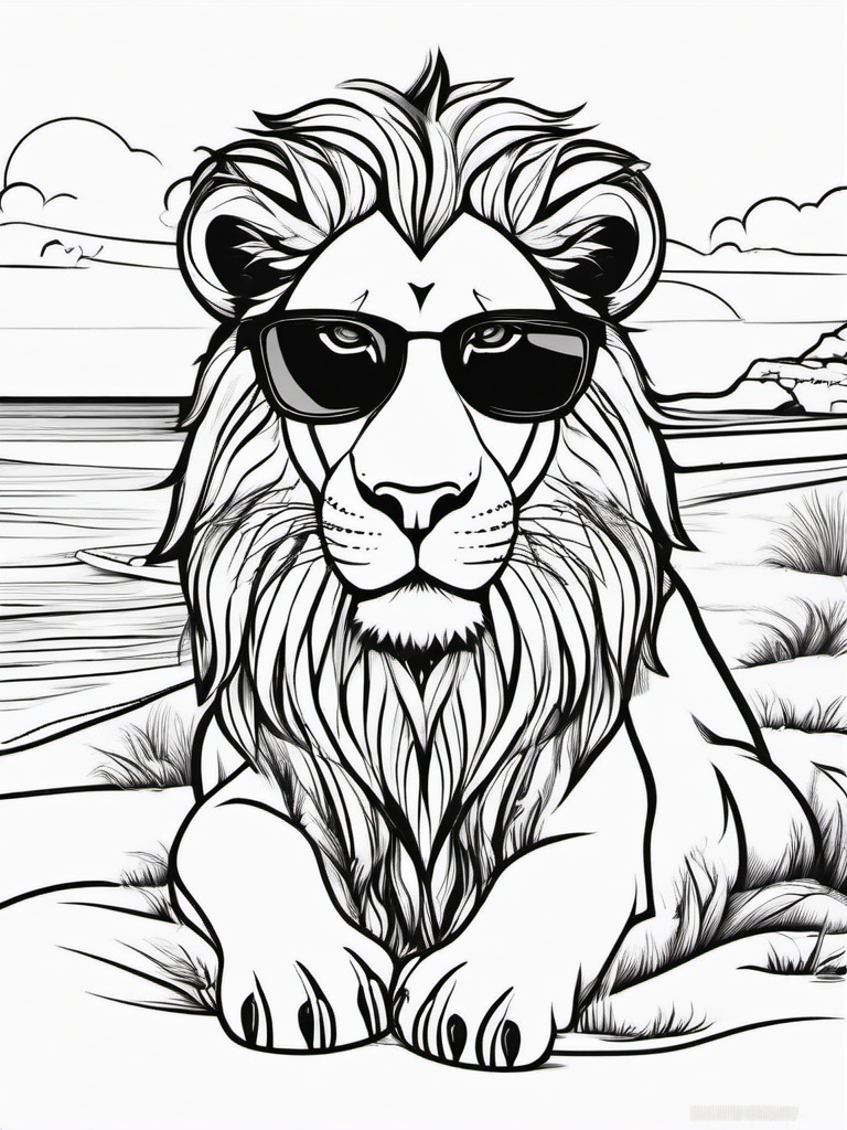 Lion Coloring Pages - Lion wearing sunglasses on a beach  simple coloring pages