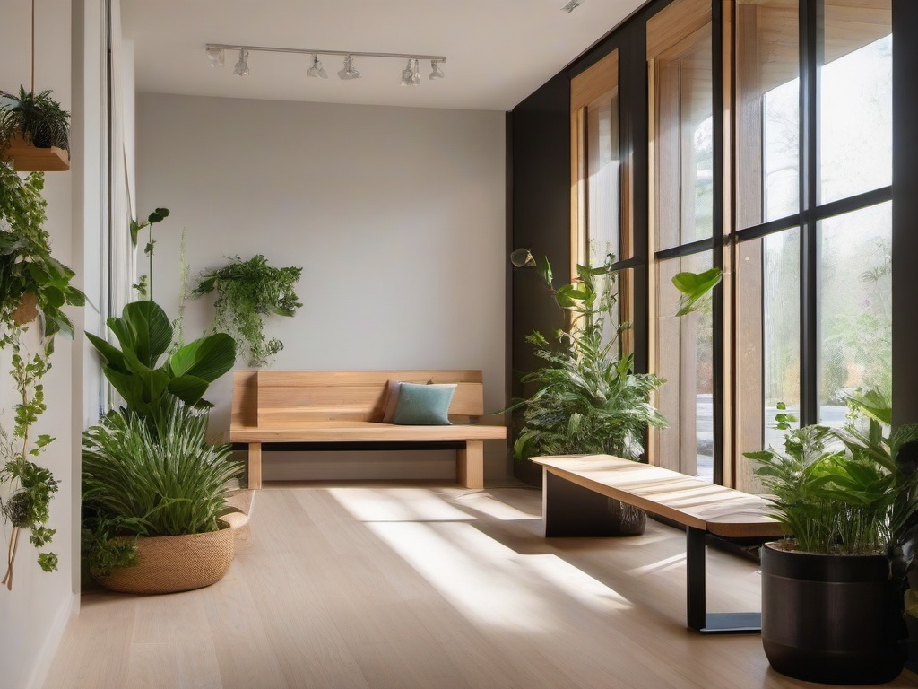 Biophilic interior design in the entryway includes a natural wood bench, indoor plants, and light-filled spaces that create a warm and welcoming atmosphere for guests.  