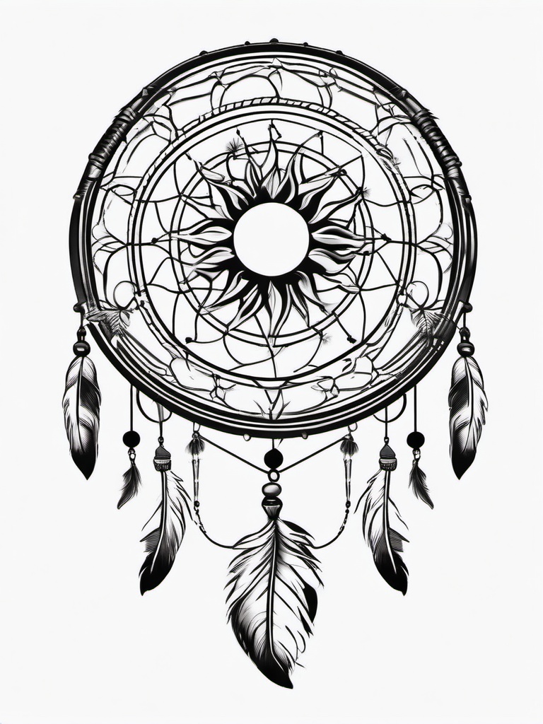 Sun and Moon Dream Catcher Tattoo - Tattoo combining a dream catcher with sun and moon motifs.  simple vector tattoo,minimalist,white background