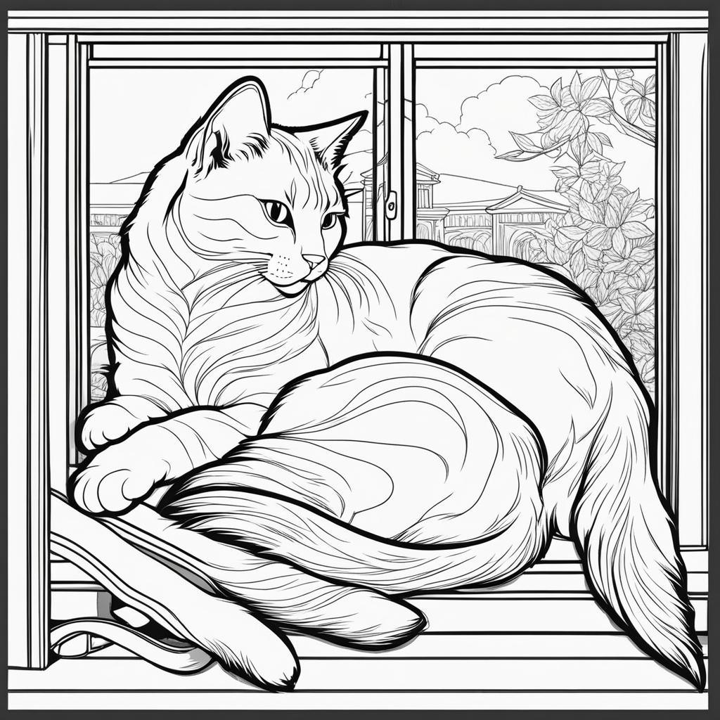 cat coloring pages - a cat naps peacefully on a sun-drenched windowsill. 