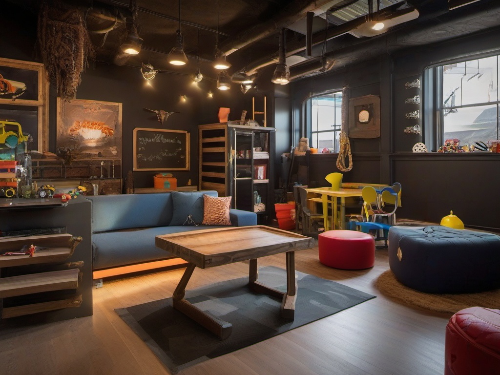 The playroom embodies Post-Apocalyptic interior design with rugged textures, unique decor, and a lively atmosphere, providing a fun and engaging space for children's activities.  