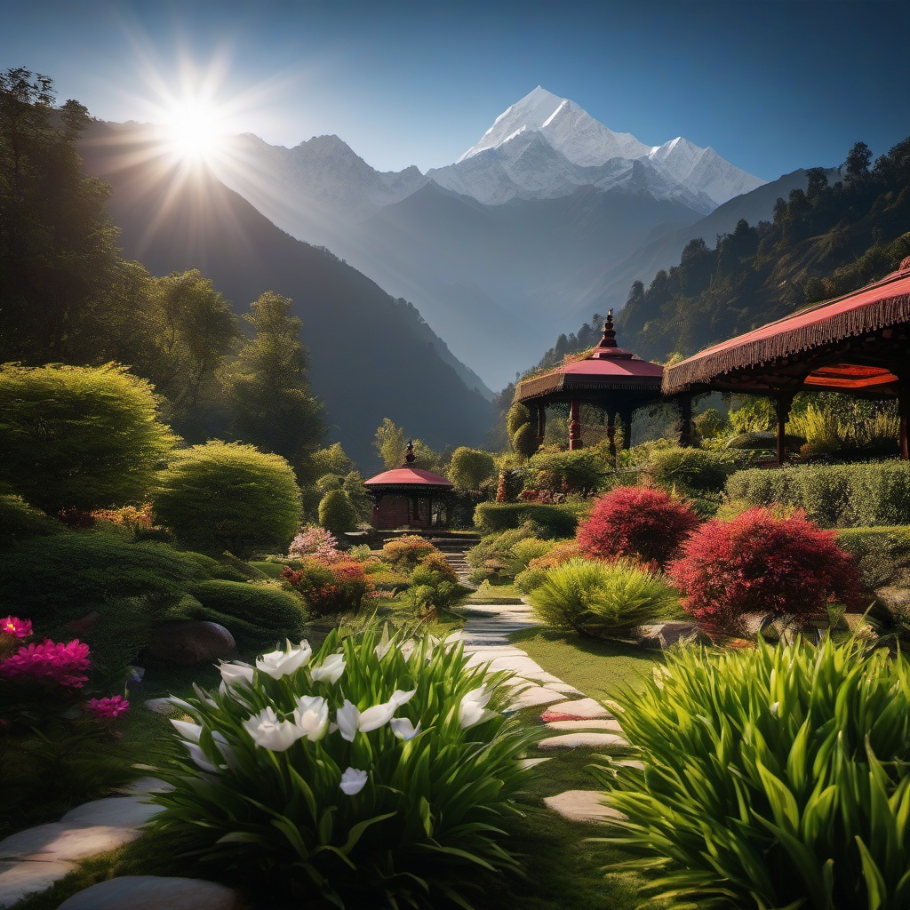 Peaceful Himalayan Garden - Design a garden with the serene beauty of the Himalayas. realistic, professional photography, bokeh, natural lighting, canon lens, shot on dslr 64 megapixels sharp focus