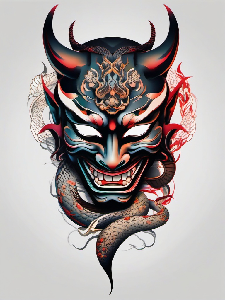 hannya mask with snake tattoo  simple color tattoo,white background,minimal