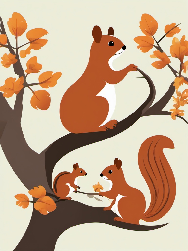 Squirrel clipart - squirrel family playing together in a tree  color,minimalist,vector clipart