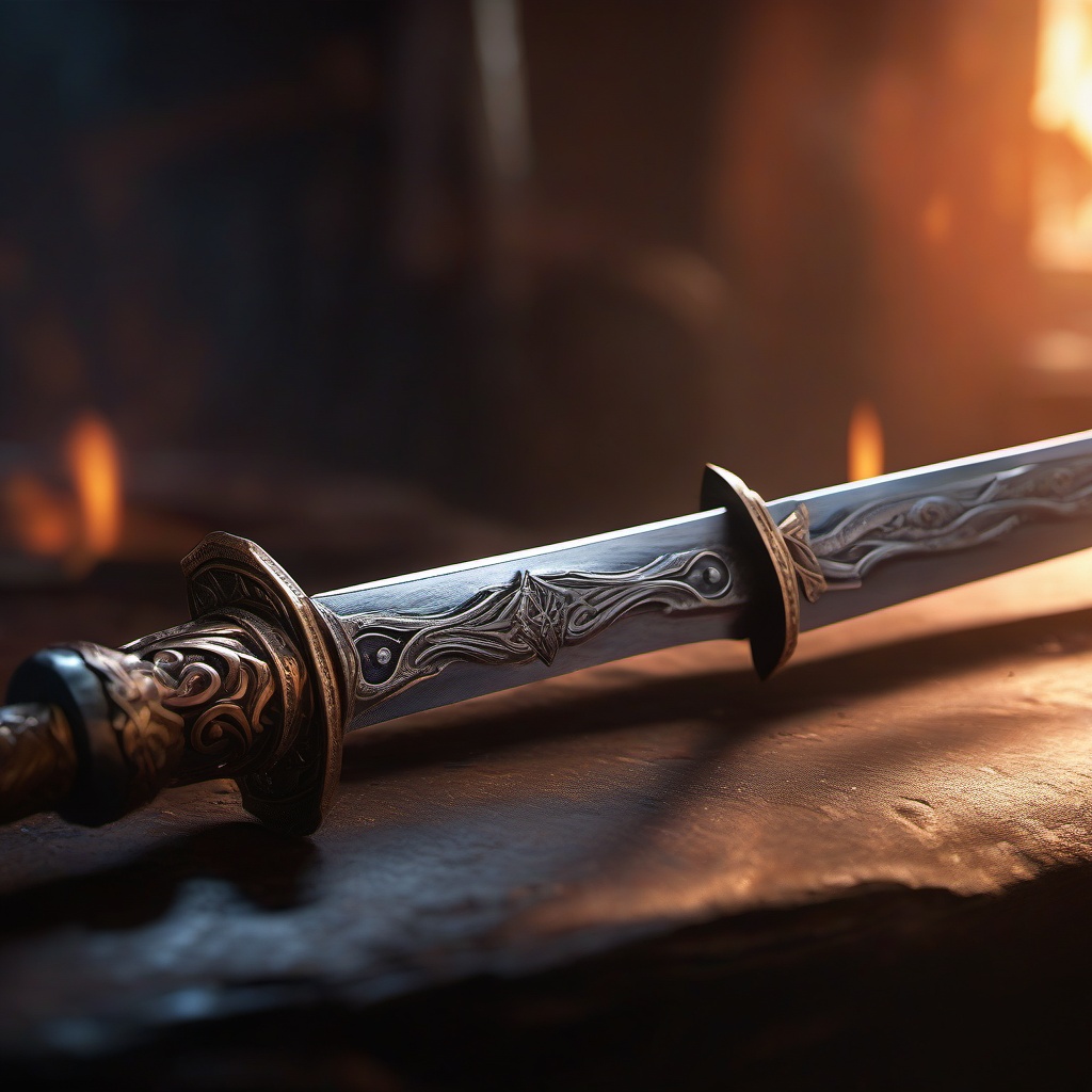 Skilled blacksmith crafts sword with sentient blade that seeks justice for its wielder. hyperrealistic, intricately detailed, color depth,splash art, concept art, mid shot, sharp focus, dramatic, 2/3 face angle, side light, colorful background