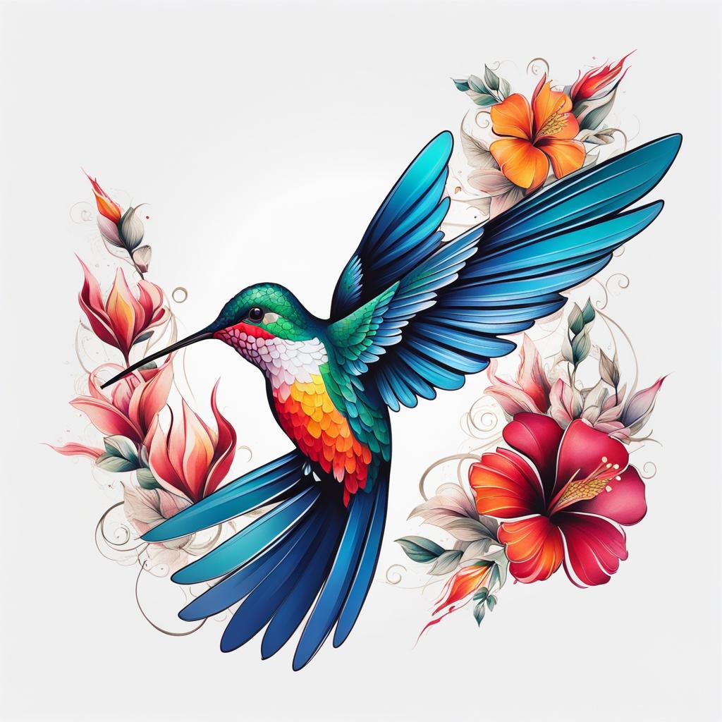 Hummingbird tattoo with flowers, Tattoos featuring hummingbirds alongside floral elements.  vivid colors, white background, tattoo design