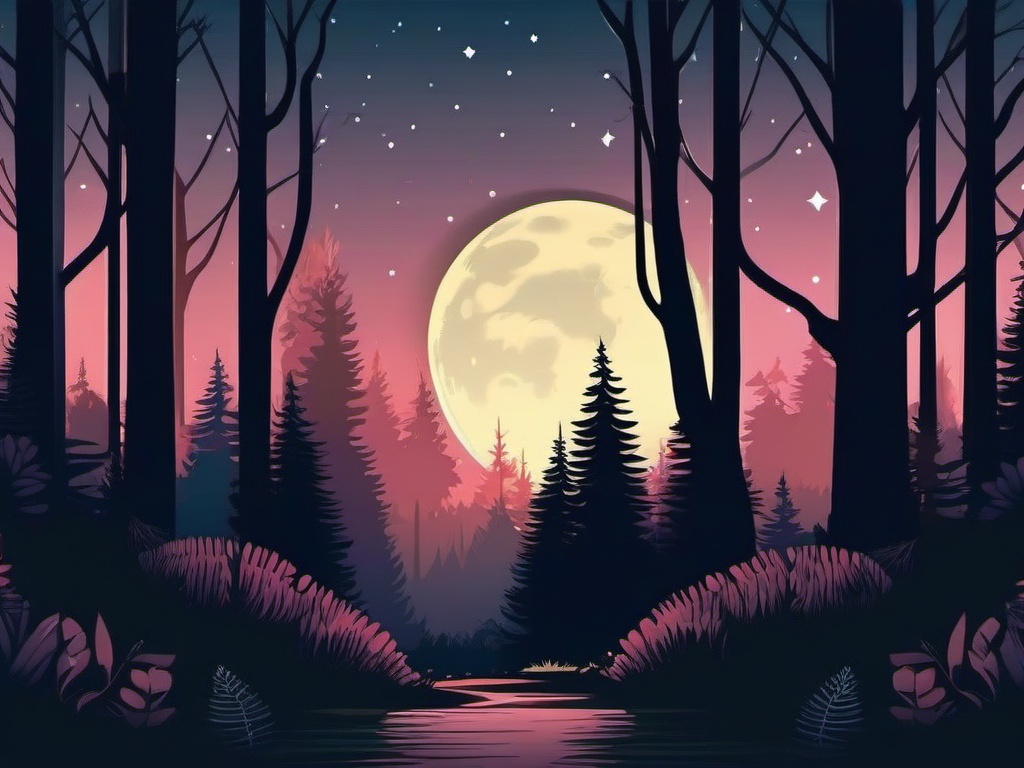 Moonlit Forest Sticker - Forest scene illuminated by moonlight, ,vector color sticker art,minimal