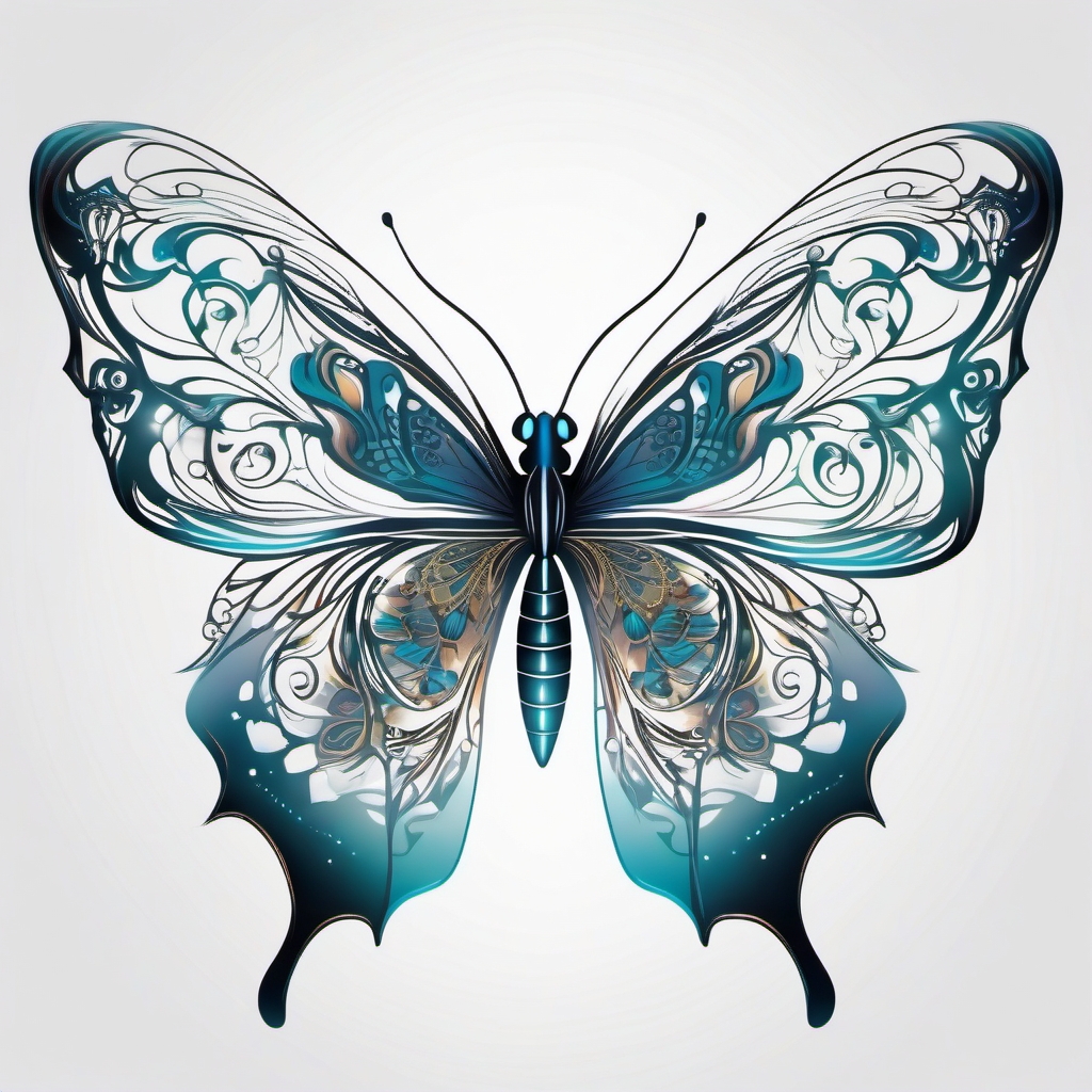 Ethereal alien butterfly, a delicate and otherworldly butterfly with intricate patterns, symbolizing transformation and freedom.  colored tattoo style, minimalist, white background