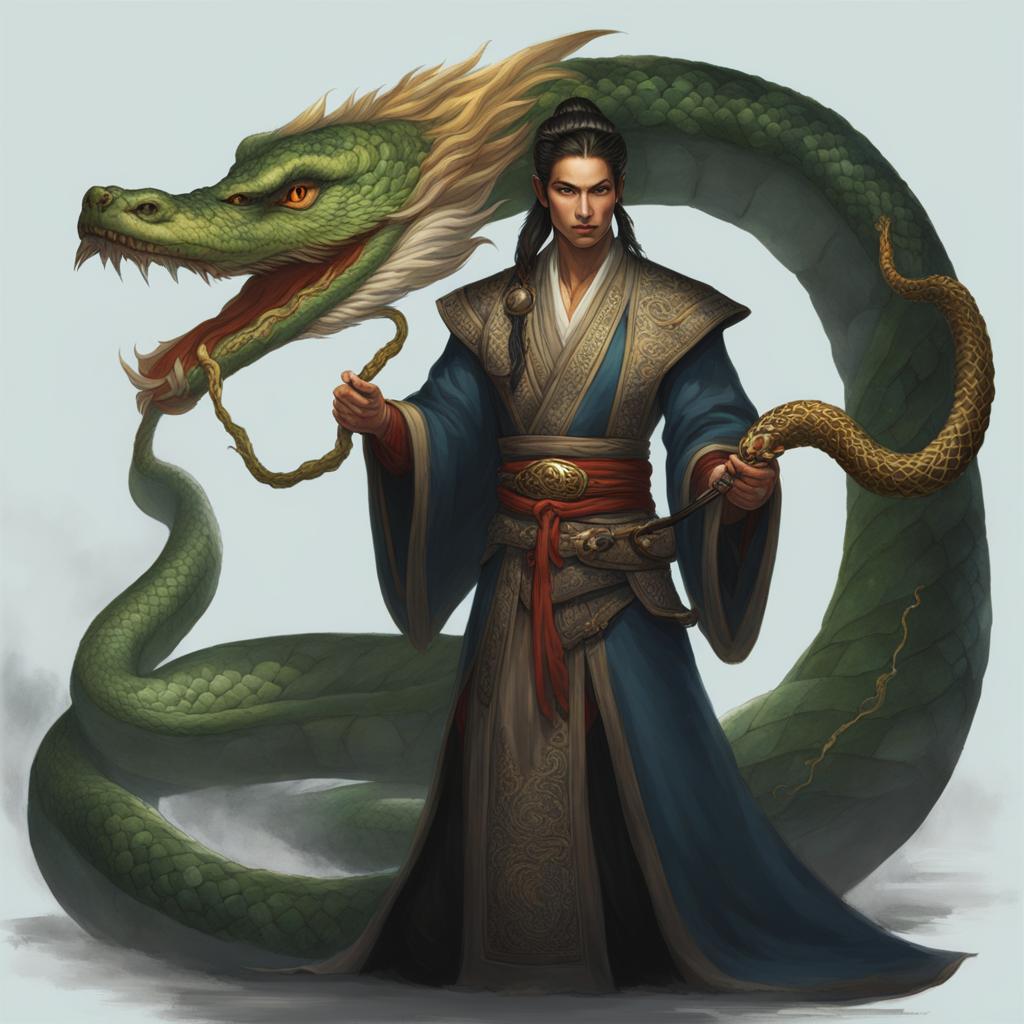 yuan-ti sorcerer with serpent familiar - illustrate a yuan-ti sorcerer with a serpent familiar, their connection to serpents evident in their magic. 