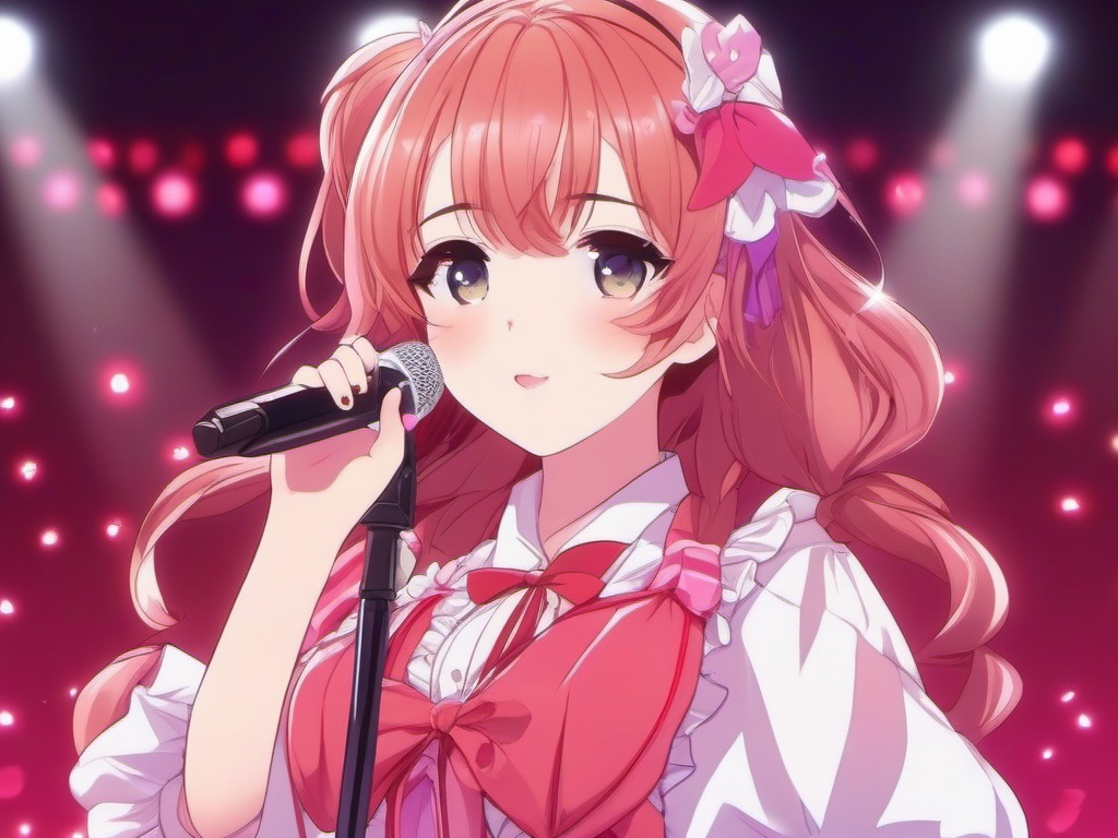 Kawaii anime idol performing on stage.  front facing ,centered portrait shot, cute anime color style, pfp, full face visible