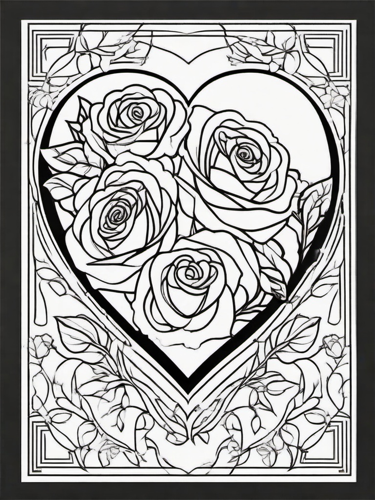 Heart and Rose Coloring Pages - Romantic Heart with Blooming Roses  minimal black outline printable sheet, coloring page