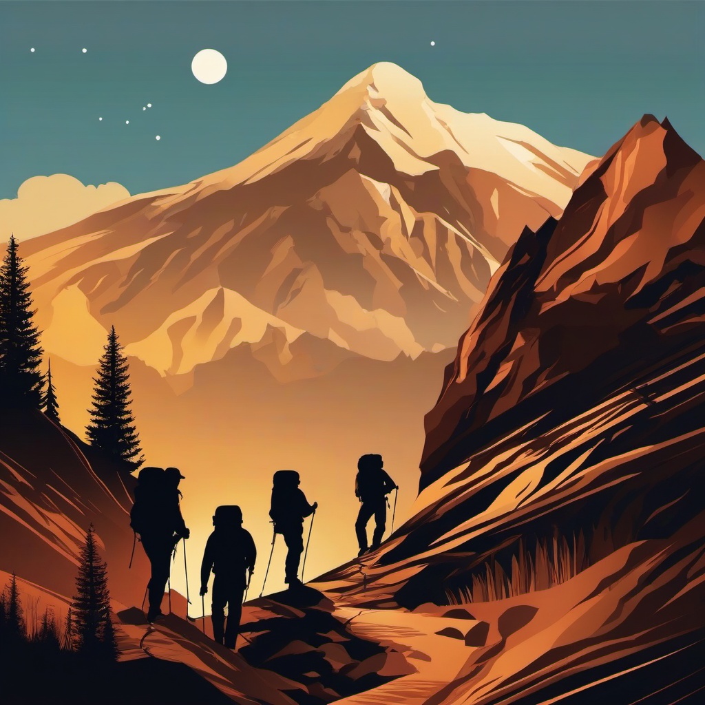 Mountain clipart - mountain climbing scene with hikers  