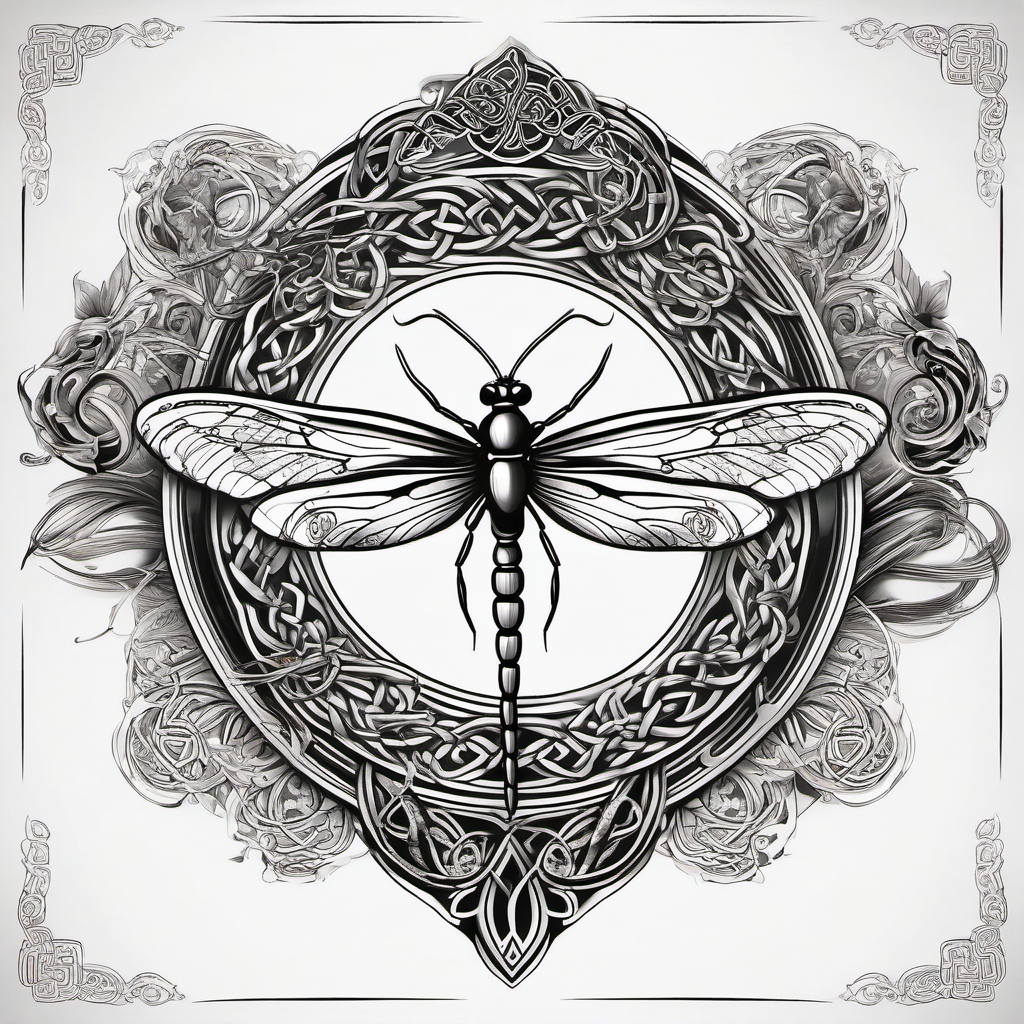 Celtic clover and dragonfly tattoo: Mythical elements entwined with good fortune.  black white tattoo, white background