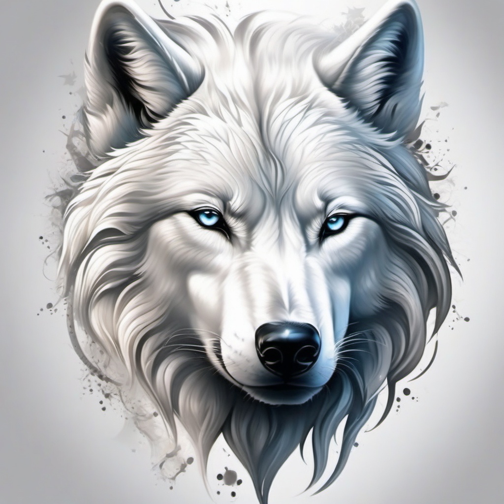 White Wolf Tattoo,tattoo depicting the pure and enigmatic white wolf, symbol of rare beauty and strength. , color tattoo design, white clean background