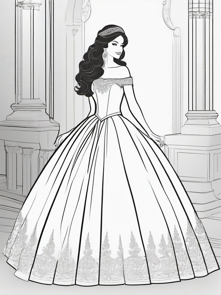 Ball Gown Princess Coloring Pages - Princess in a Stunning Ball Gown  minimal black outline printable sheet, coloring page