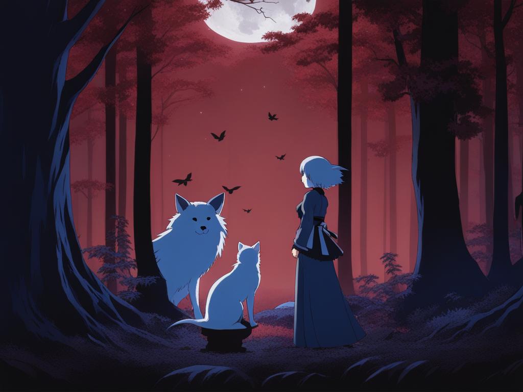 rem protects subaru from danger in a moonlit grove filled with eerie shadows. 