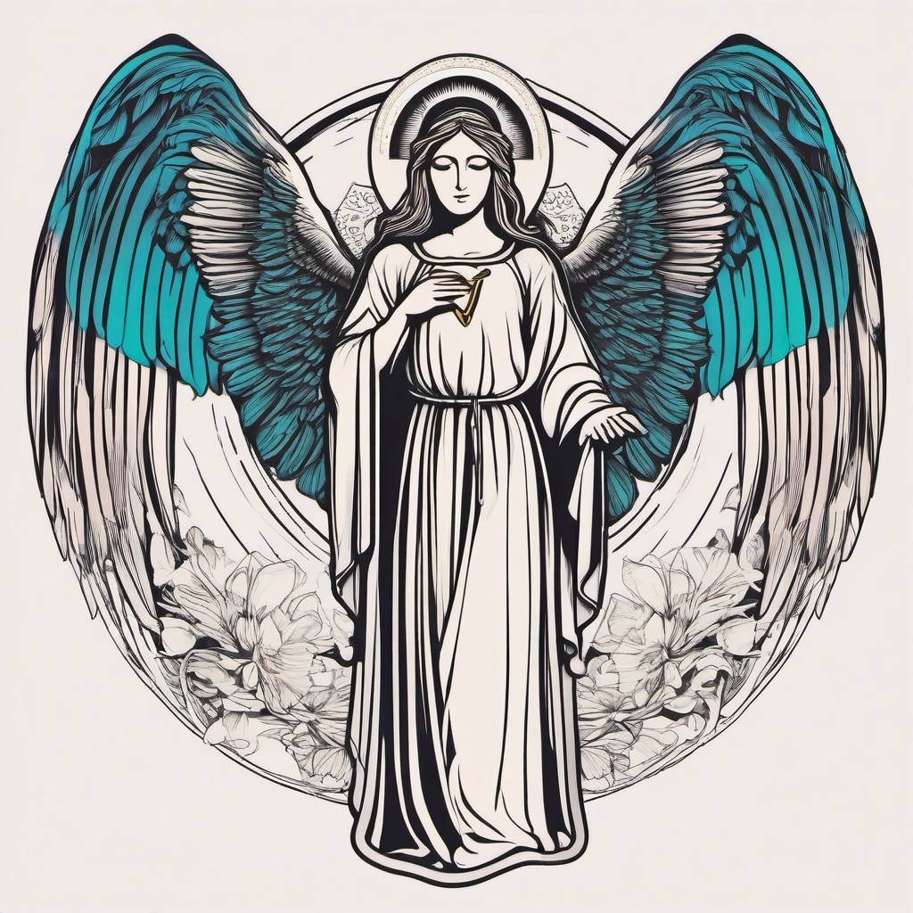 Guardian Angel Gabriel Tattoo - Invoke the archangel Gabriel with a guardian angel tattoo.  minimalist color tattoo, vector
