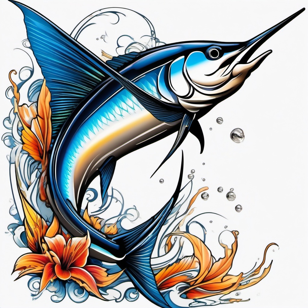 Marlin Tattoos,a collection of tattoos dedicated to the thrilling marlin, each telling a unique fishing tale. , color tattoo design, white clean background