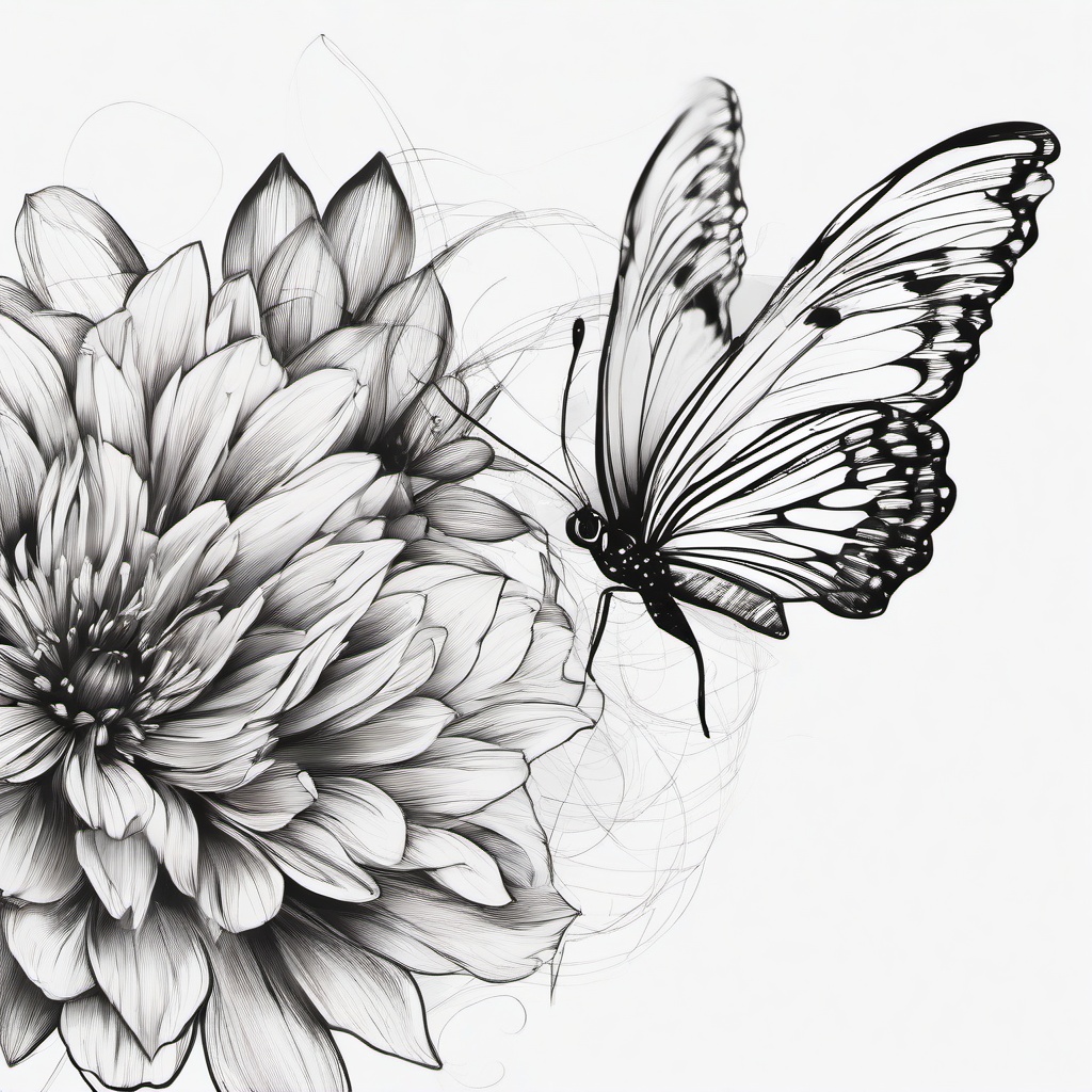 drawing of a flower with a butterfly  minimal rough sketch scribbles,doodles,black and white