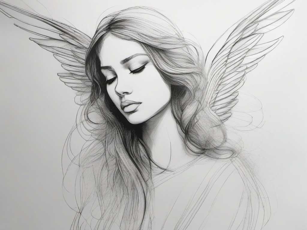 drawing of an angel watching over  minimal rough sketch scribbles,doodles,black and white