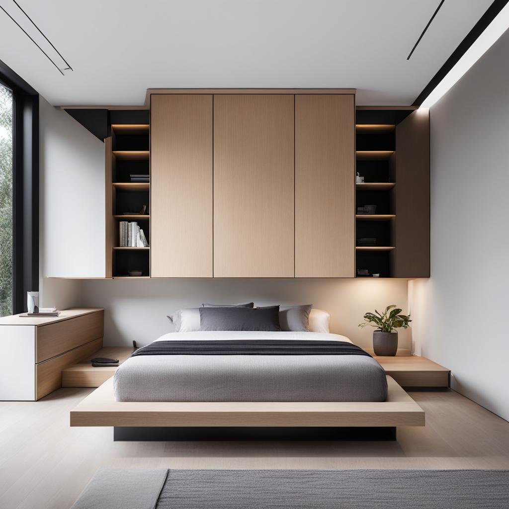 minimalist bedroom with a floating bed and hidden storage. 