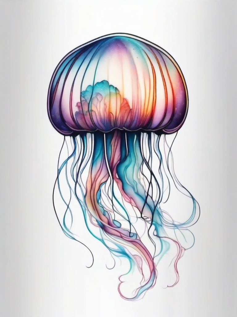 Jellyfish tattoo, Ethereal jellyfish tattoo, symbolizing tranquility and adaptability. , tattoo color art, clean white background