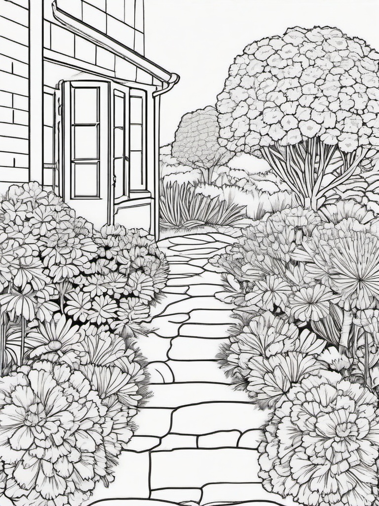 Marigold coloring page sheet - Bright marigolds filling a garden path with warm colors.  black outline printable coloring page