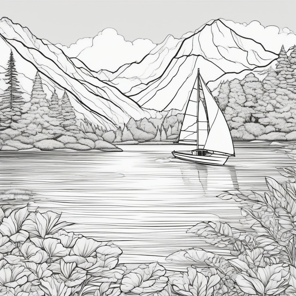 Summer Coloring Pages - Sailboat gliding across a calm lake surrounded by mountains  simple coloring pages