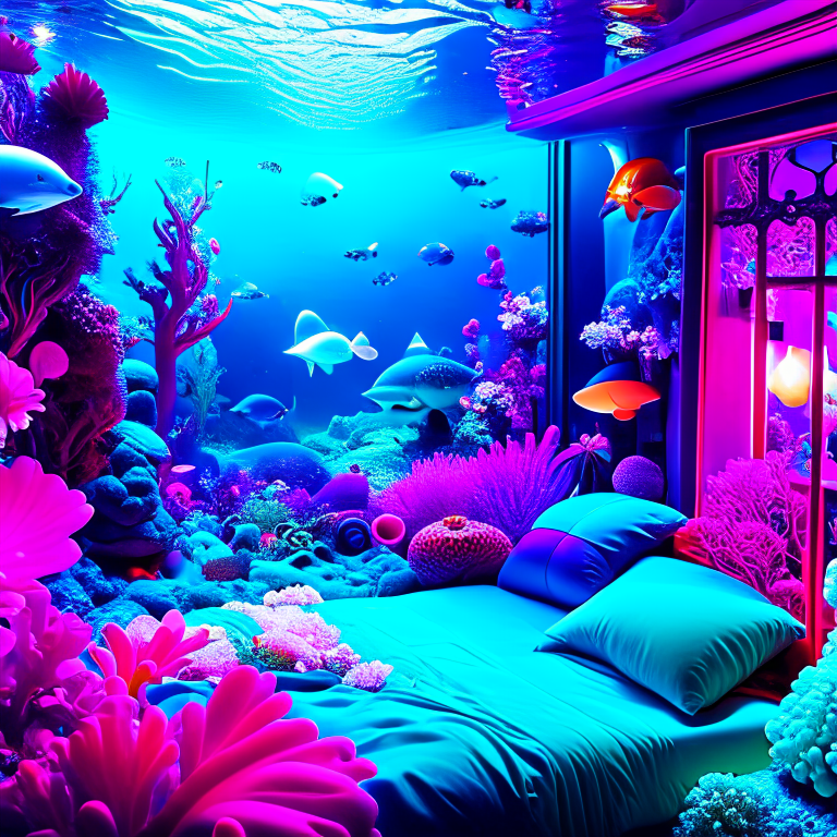 underwater wonderland bedroom adorned with glowing coral reefs and aquatic life. 