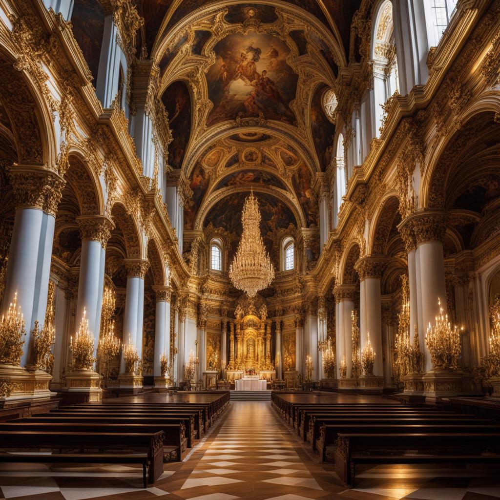 step into the ornate interior of a baroque cathedral, with gilded altars and intricate frescoes. 