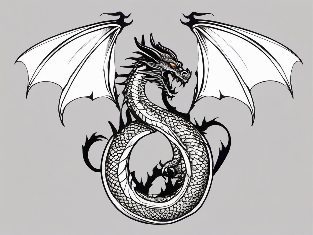 3 Headed Dragon Tattoo - Tattoos featuring a dragon with three heads, often symbolizing power.  simple color tattoo,minimalist,white background