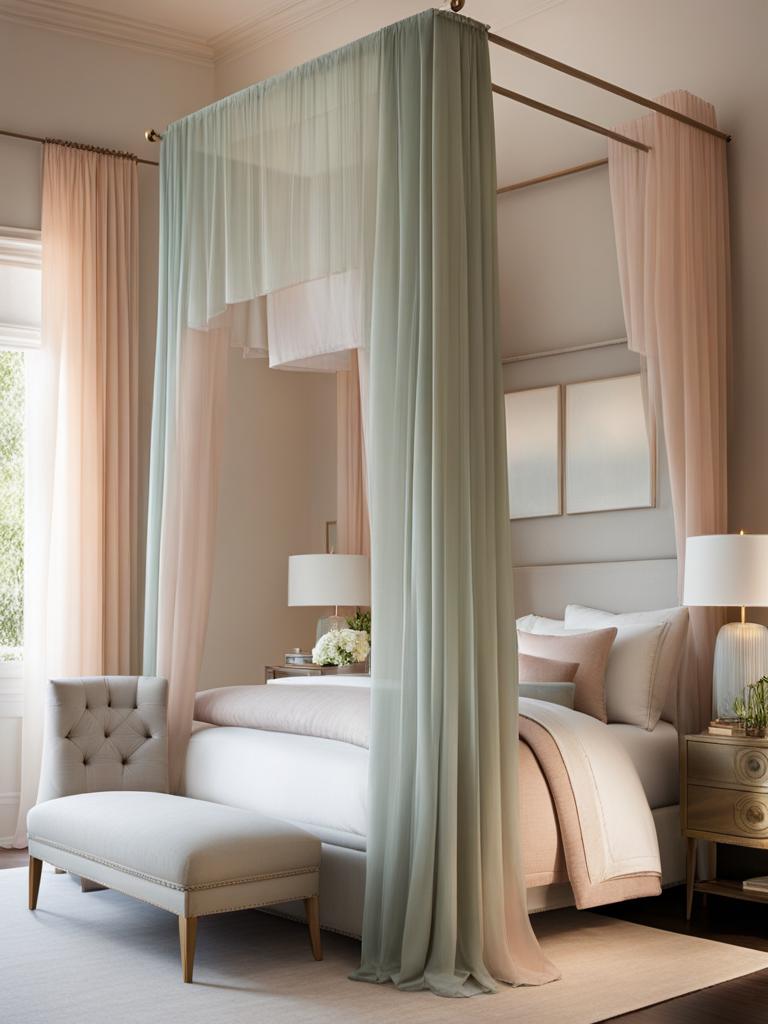 serene bedroom with a canopy bed draped in sheer curtains and soft pastels. 