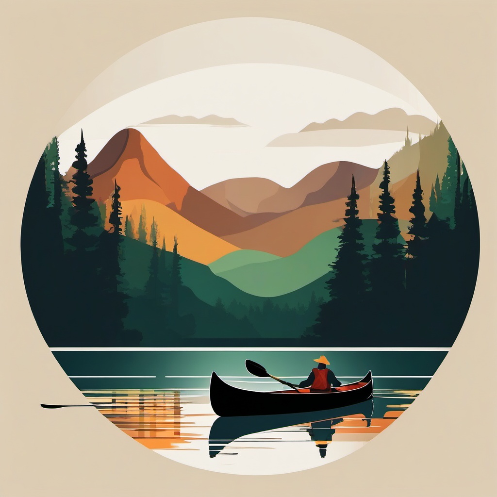 Canoeing in a Wilderness Lake Clipart - A canoe paddling in a remote wilderness lake.  color vector clipart, minimal style