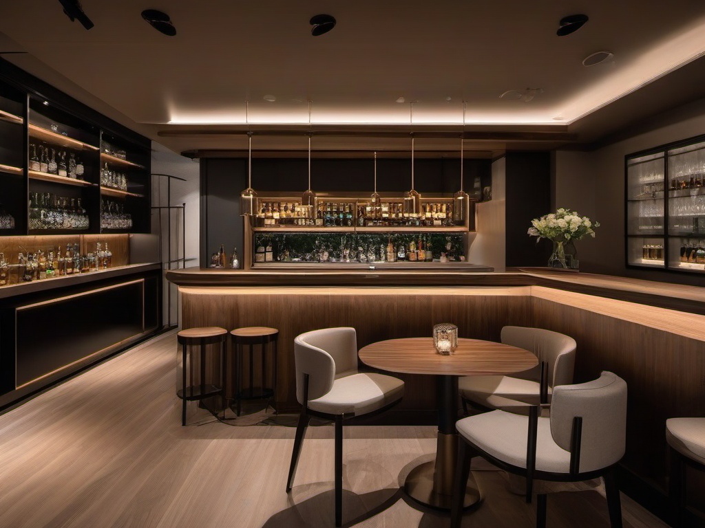 In the bar room, Japandi interior design includes simple yet elegant furnishings, natural wood accents, and a calming atmosphere that create a stylish environment for socializing and entertainment.  