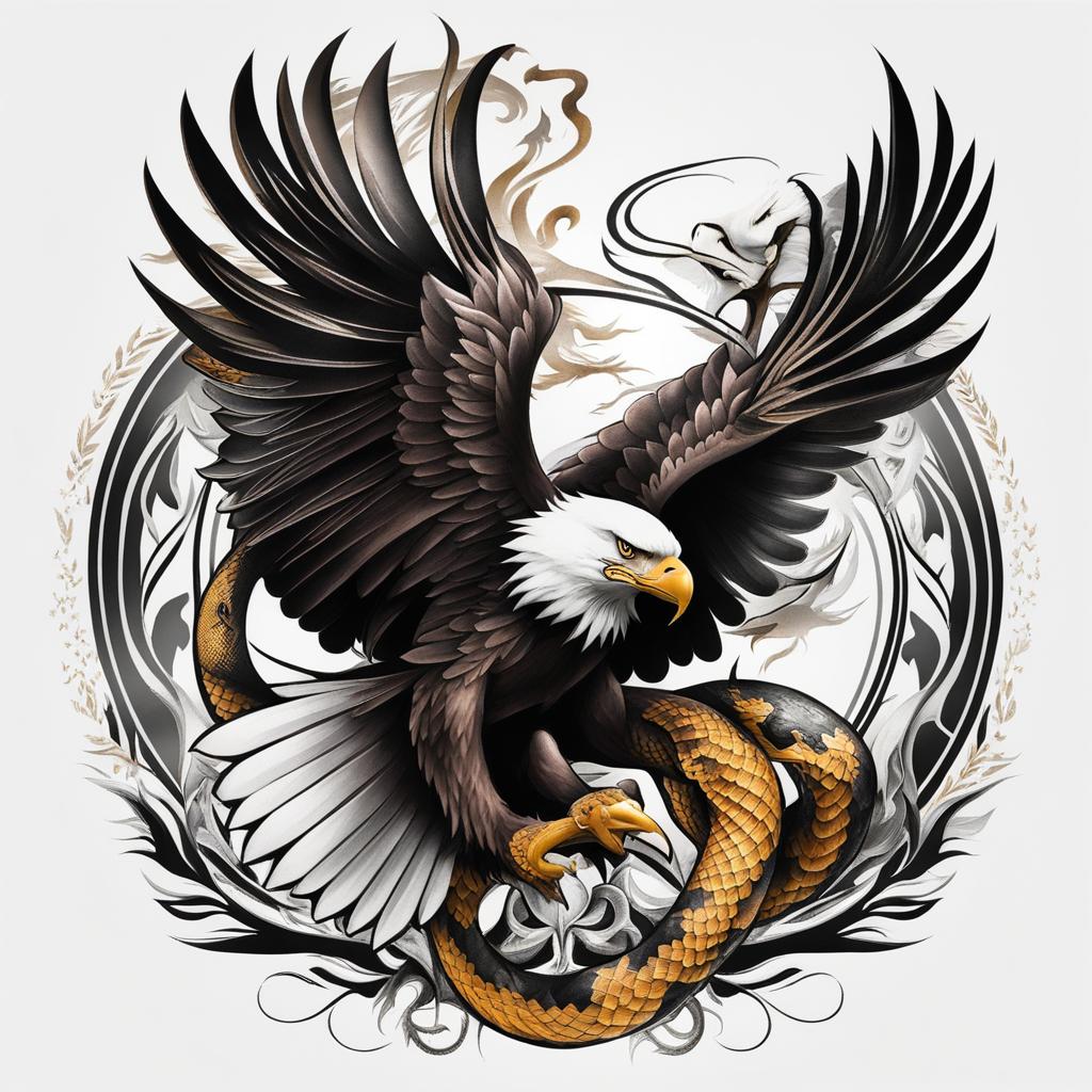 Eagle and snake tattoo, Tattoos that combine the grace of eagles with the symbolism of snakes. colors, tattoo patterns, clean white background