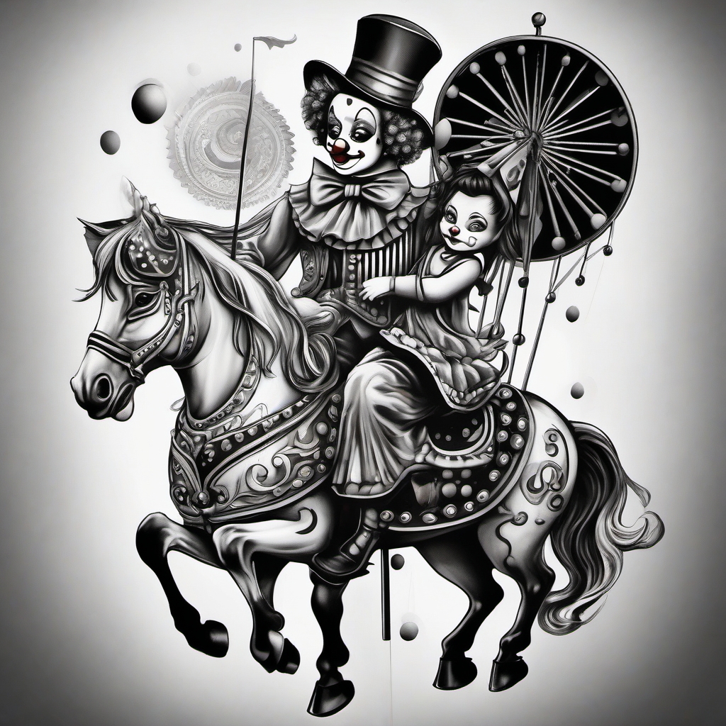 Clown and carousel horse tattoo: Whimsical duo, evoking a sense of wonder.  black and white tattoo style