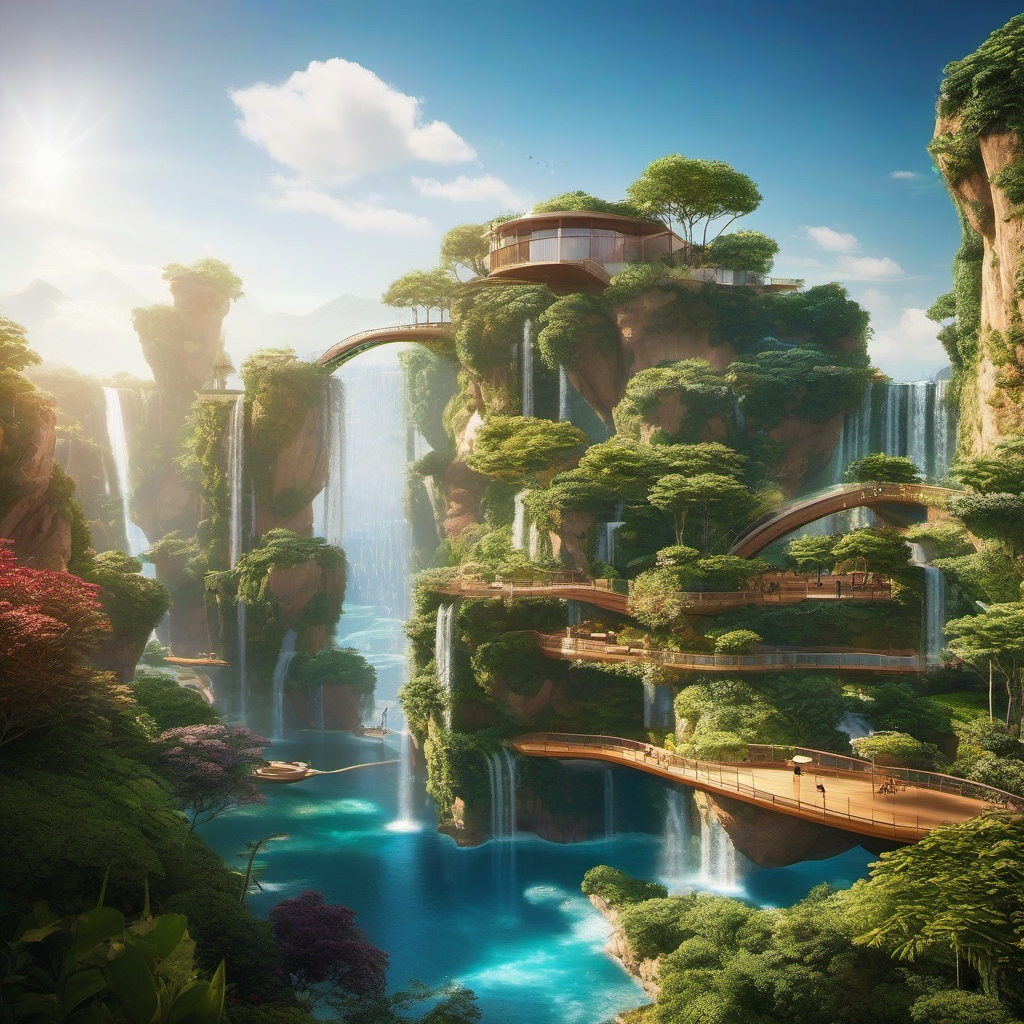 Floating world suspended in the sky, crystal islands drifting with each island boasts unique architecture, adorned with floating gardens and others featuring gravity-defying waterfalls. Sun bathes everything in a gentle, warm glow.
