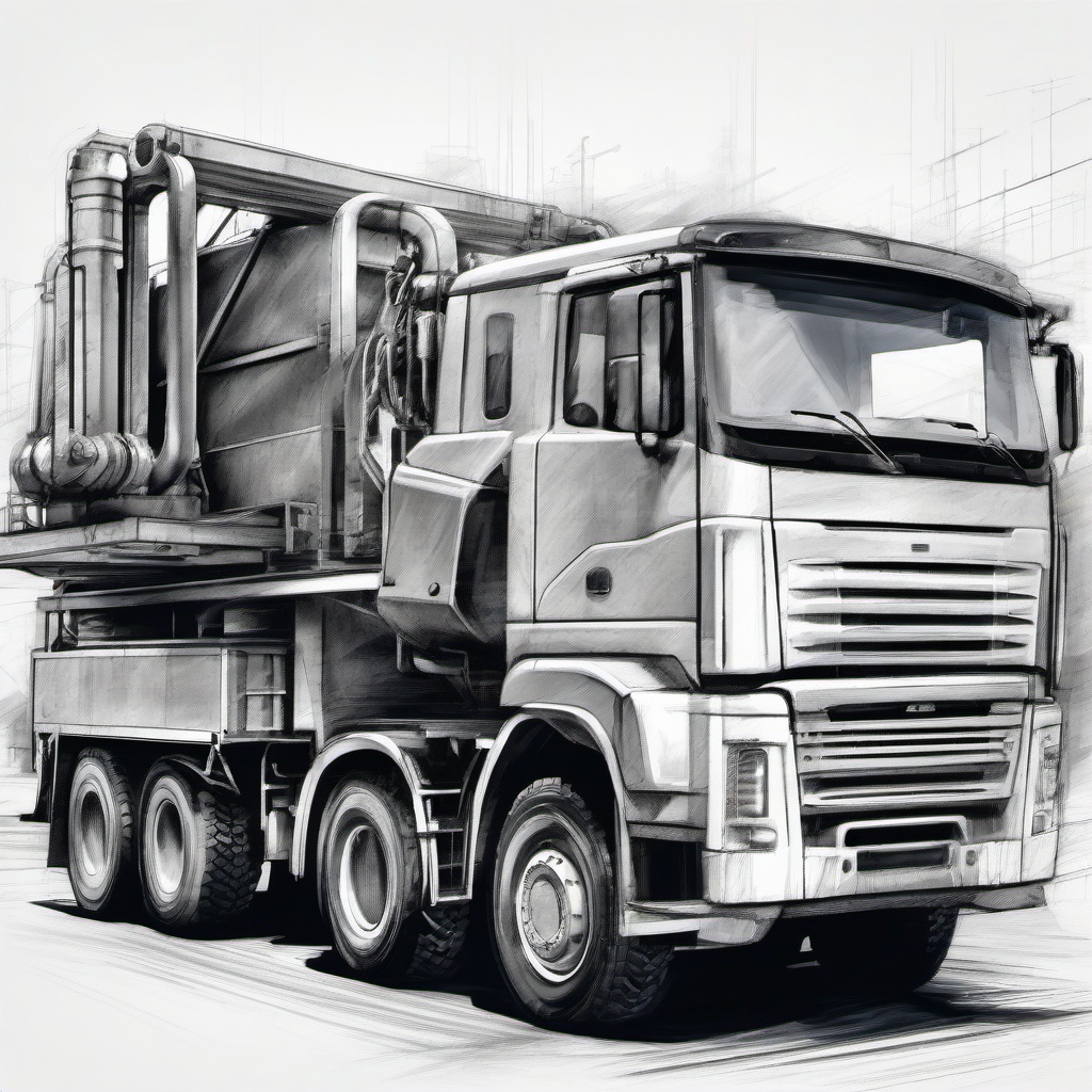 Concrete pump truck and steel beams
 draw in pencil style