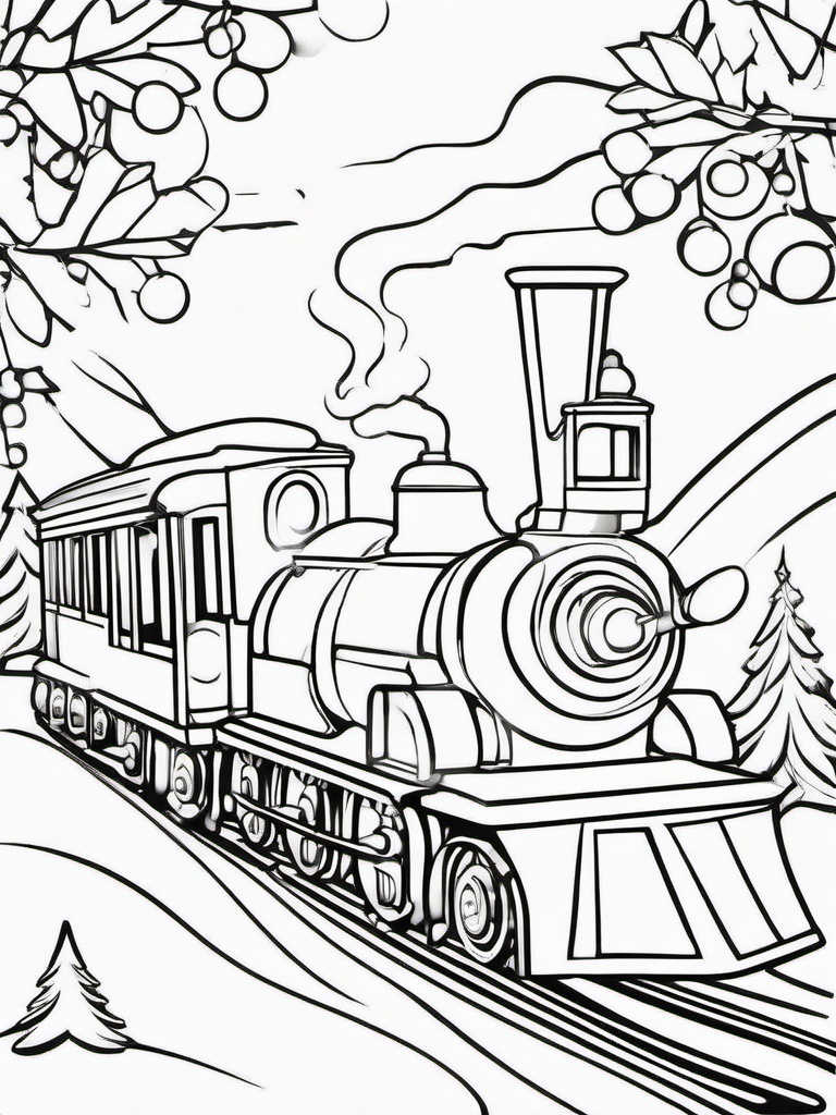 Christmas Train Coloring Pages - Whimsical Train with Holiday Decorations  minimal black outline printable sheet, coloring page