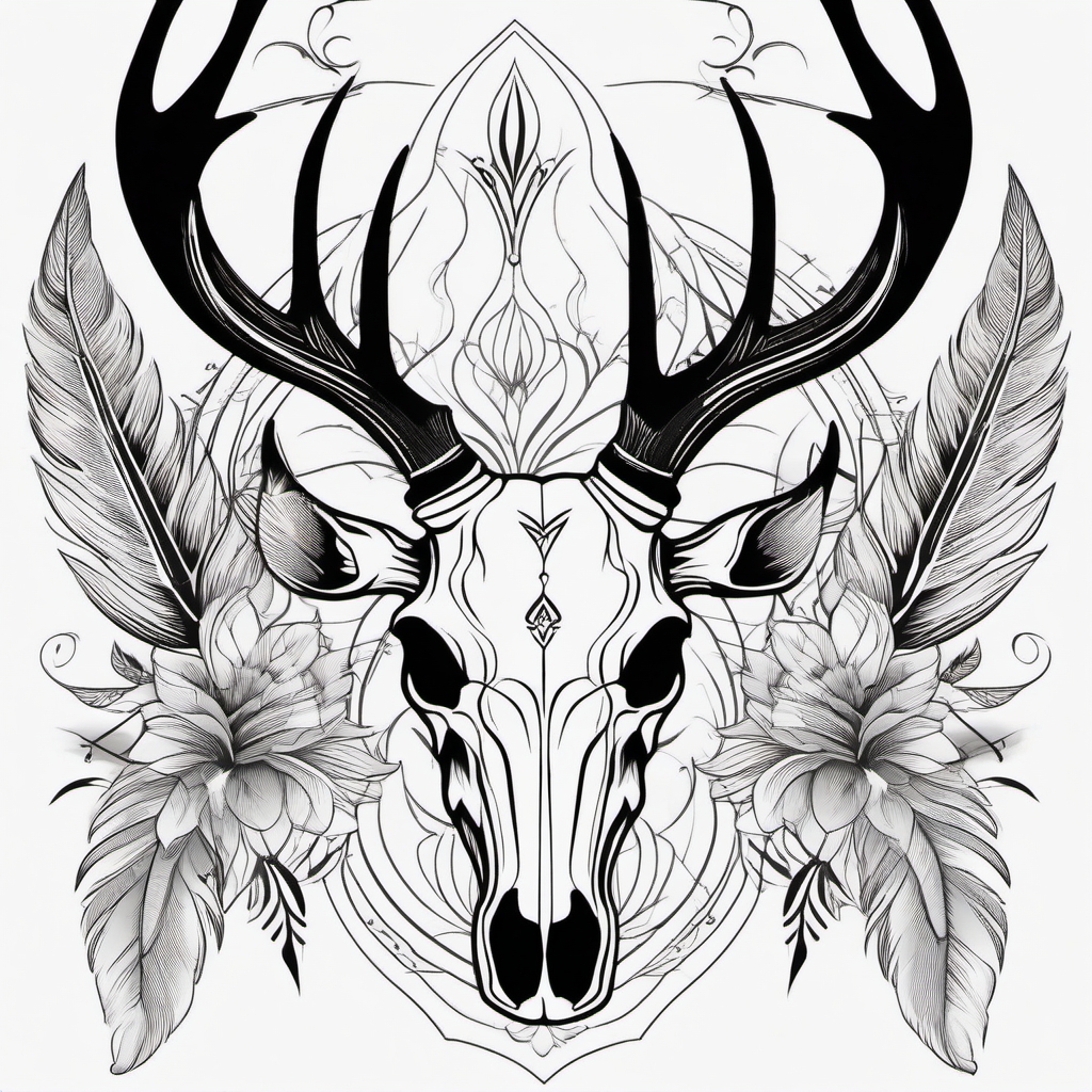 Simple deer skull with delicate feathers, symbolic tranquility.  black and white tattoo style