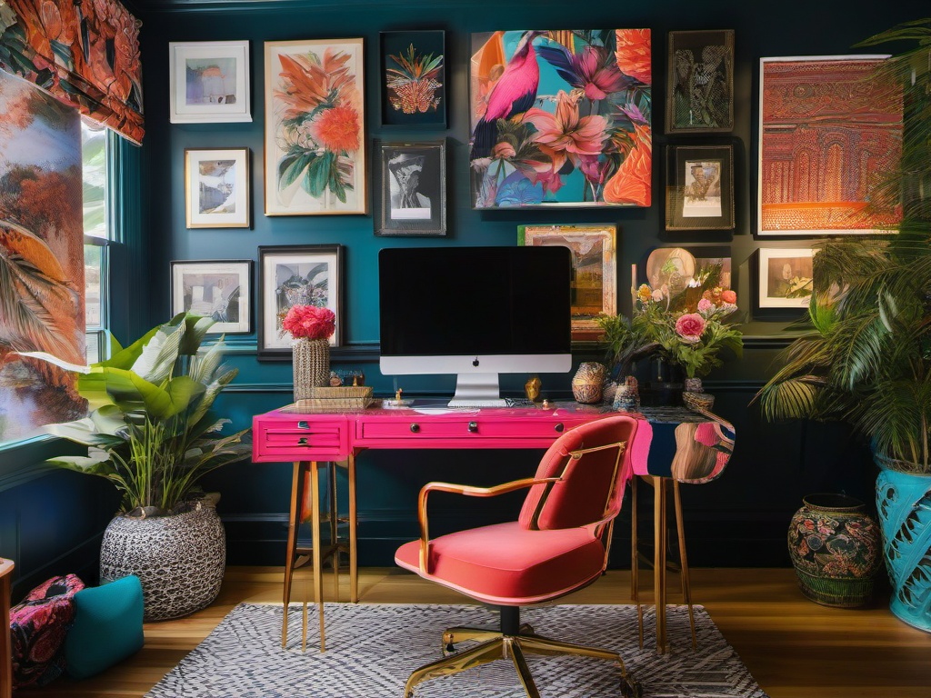 Maximalist home office showcases bold colors, intricate patterns, and eclectic decor, making it a lively and dynamic environment for work.  