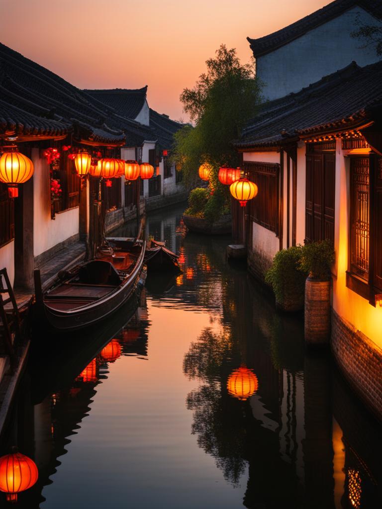 zhouzhuang water town - create a night scene of zhouzhuang, the venice of the east, with its picturesque canals, ancient bridges, and traditional houses glowing with lantern light. 