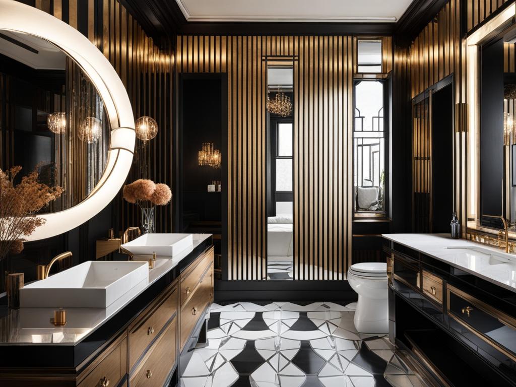 art deco bathroom with geometric tiles and mirrored accents. 