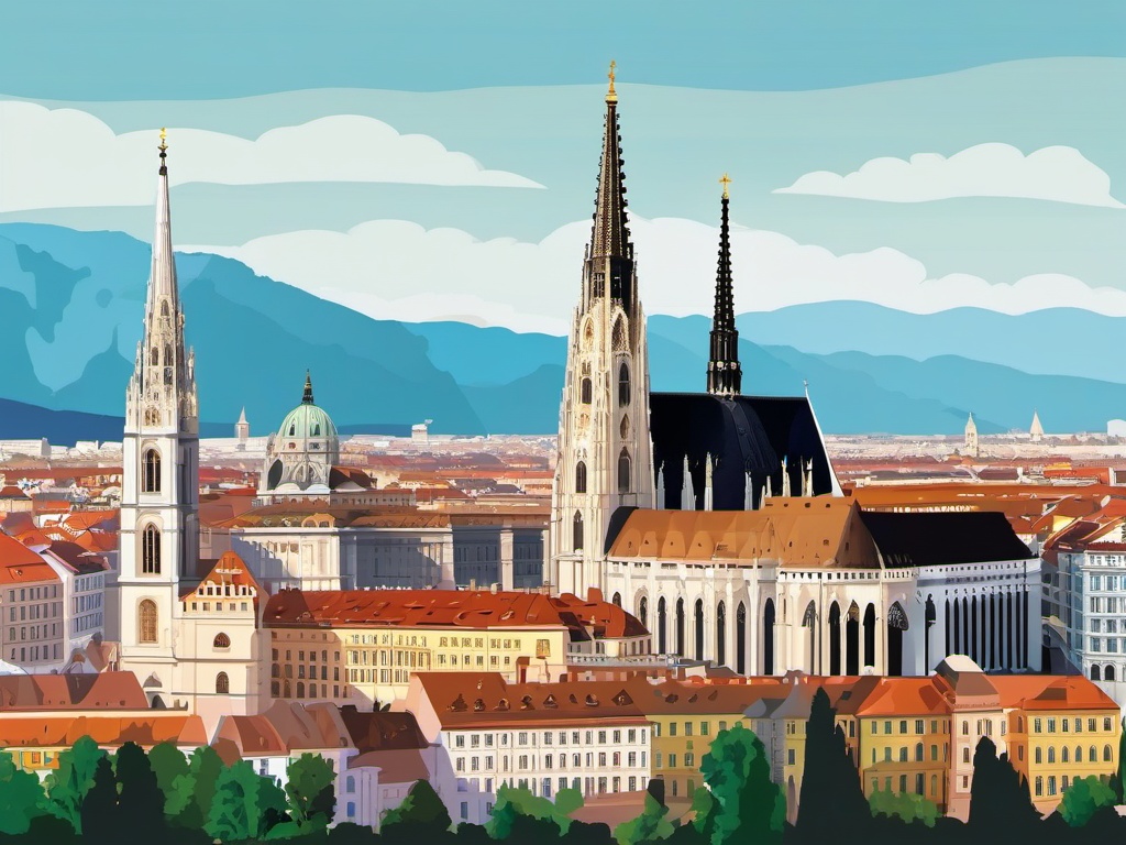 Vienna clipart - St. Stephen's Cathedral and Vienna cityscape,  color vector clipart