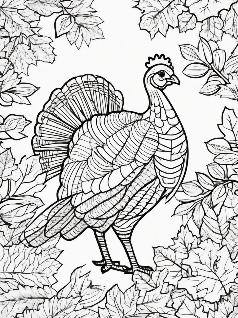 Turkey with Leaves Coloring Pages - Festive Turkey Surrounded by Autumn Leaves  minimal black outline printable sheet, coloring page