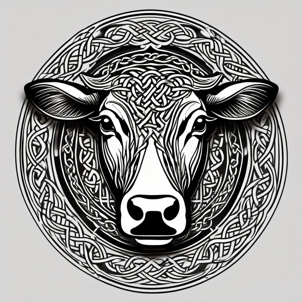 Celtic-inspired cow tattoo: Knotwork elegance, intricate symbolism.  simple color tattoo style, black and white