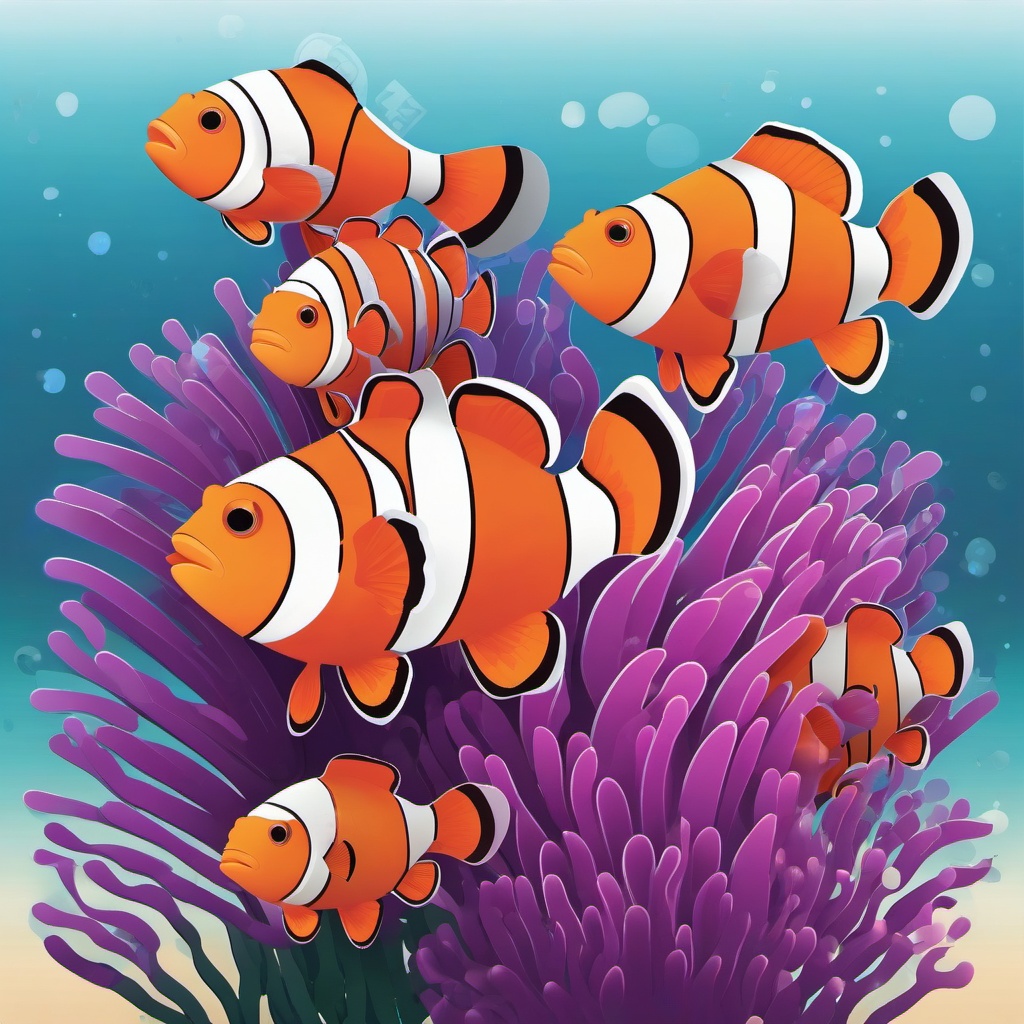 Clownfish Family in Vibrant Anemone Clip Art - A clownfish family nestled in a vibrant sea anemone,  color vector clipart, minimal style