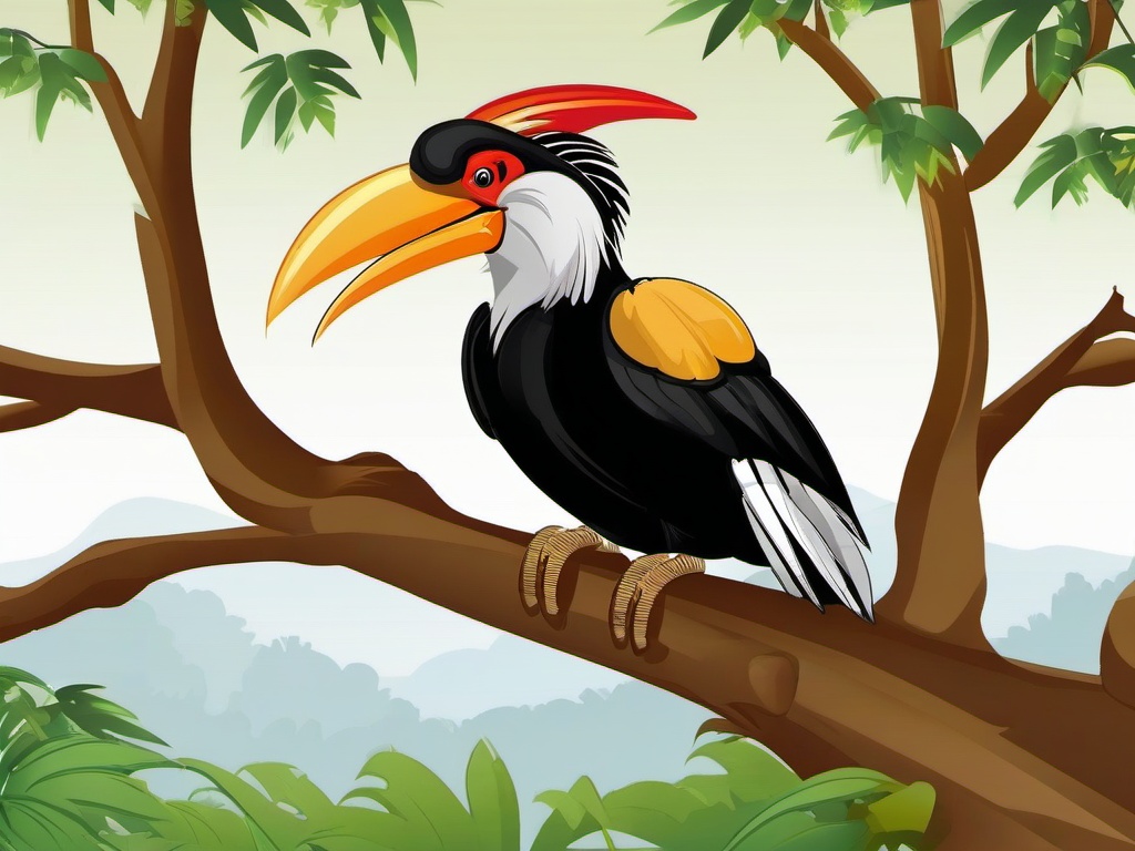 Hornbill Cartoon - Cartoon of hornbill perched in tree  